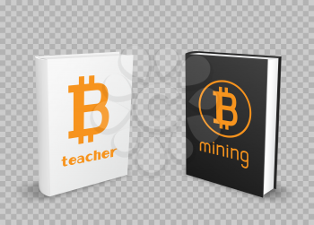 White and black crypto currency bitcoin standing books template with shadow on transparent background. Education e-commerce internet mining blockchain teach and learn object