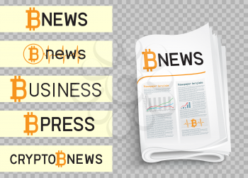 Bitcoin blockchain news logo set collection. Mining internet currency press. Financial business crypto electronic currency. Modern and future internet money symbol