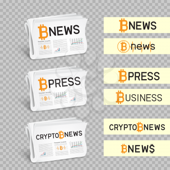 Crypto newspapers bitcoin blockchain news logo set collection. Mining internet currency press. Financial business electronic currency. Modern and future internet money symbol