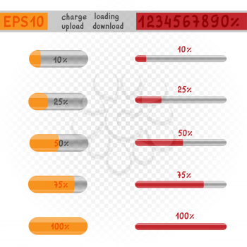 Charge loading download upload template on white transparent background. Loader progress indicator percentage set collection. Easy to edit