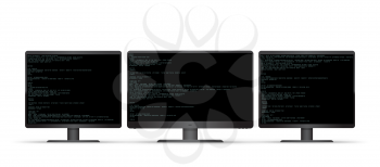 Three black computer monitors with code on white background. Triple monitor computer super wide screen device. PC desktop programming template