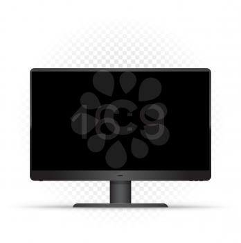 Black 16 to 9 computer monitor on transparent background. Wide screen modern electronic device. Empty black pc desktop template