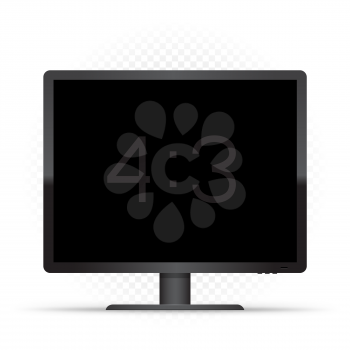 Black 4 to 3 computer monitor on white background. Modern electronic device screen. Empty black pc desktop template