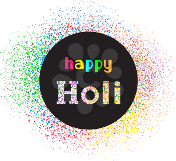 Happy holi colors template on white background. Festival bowl of paints color confetti tinsel sequin design. Circles round art backdrop