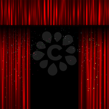 Red open curtains scene template. Easy to edit curtain teplate width and shadow