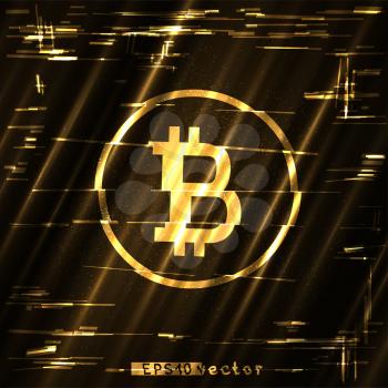 Glitch bitcoin light gold surface background template. Abstract crypto glitched golden vector design backdrop