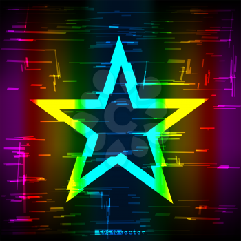 Glitch colorful rainbow geometric star shape template. Abstract glitched multicolor vector Hollywood design backdrop