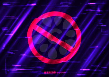 Glitch forbid red symbol shape template on dark blue background.. Empty ban sign mockup. Abstract glitched vector frame design backdrop
