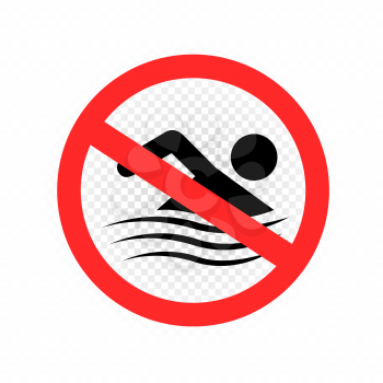 Swimming is forbidden sign symbol on white transparent background. No swim sticker design. Shark bite danger