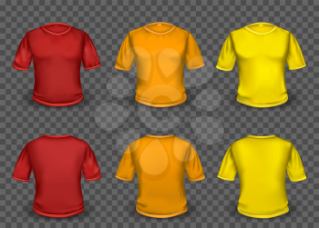 Red orange and yellow empty t-shirt template with shaow on transparent background. Human shirt clothes set collection