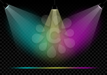 Neon multicolors lamps lights glowing on dark transparent background. Spotlights color highlights empty template