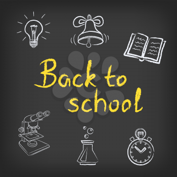 Back to school drawings . Education drawn signs lamp idea ring book easel microscope test tube stopwatch building on black background. Lesson drawing sketch objects