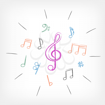 Drawing musical notes on white background. Drawn multicolor music sign. Melody symbols