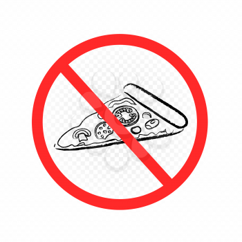 Drawn fast food prohibition sign on white transparent background. Pizza in forbidden red circle with crossed line. Bad place for diet symbol