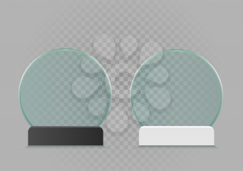 Glass round banner template set with black and white holder on gray background. Glossy frame board