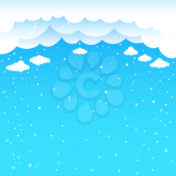 Cartoon blue sky clouds and falling little snow. Snowflake falls from cloud. Christmas winter illustration