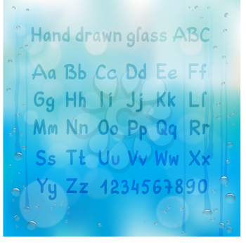 Hand drawn glass alphabet written on wet glass. Rainy window and letter font on blue sky background. Summer or autumn season letters and numbers mockup template