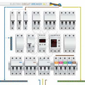 Electric circuit breaker switch box set on white transparent background. Electrician fuse protection designer constructor template, draw wiring diagram, leave necessary and delete unnecessary