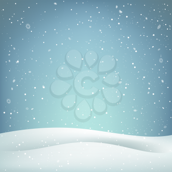 Winter snow and snowy hills. Holiday Christmas background template. Big and small snowflakes falling from sky