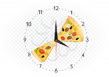 Breakfast and dinner time to eat pizza. Fast food clock on white transparent background