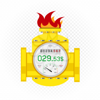 Gas meter counter icon and debt amount on white transparent background. Fire fuel sign teplate. Energy metering symbol