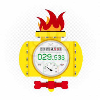 Gas meter icon with counter and debt amount on white transparent background. Fire fuel sign teplate. Energy metering symbol