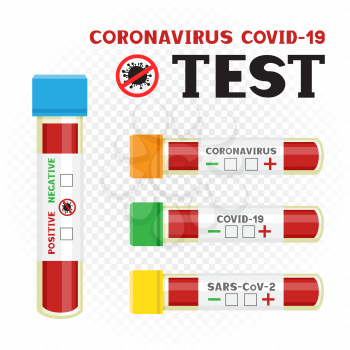 Coronavirus covid-19 medical test tube with checkboxes positive and negative template on white transparent background