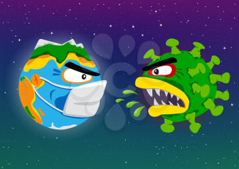 Earth battle with coronavirus illustration. Covid-19 global world fight. Blue planet in mask and danger virus attack