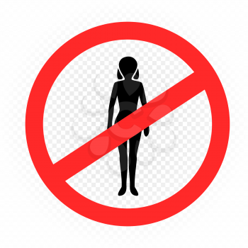No entry female sign on white transparent background. People ban symbol sticker. Woman silhouette template