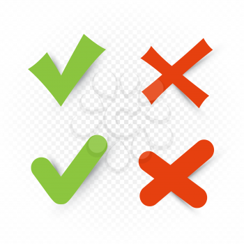 Yes and no sign set on white transparent background. Check mark stickers collection. Correct incorrect vector symbol