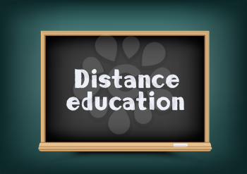 Online distance education blackboard on dark green background. E-learning school chalkboard with text message