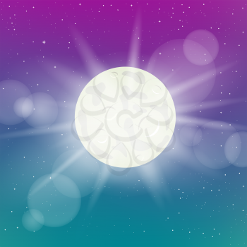 Moon lights and night starry sky backdrop. Beautiful cartoon moonlight with lens flare
