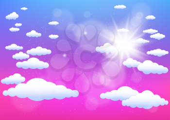 Sun and clouds summer template. Cartoon sky illustration. Realistic sunny effect