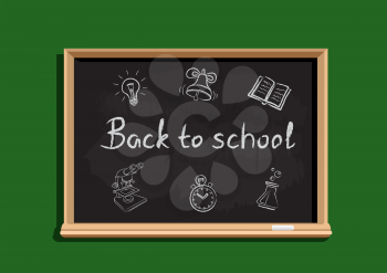 Back to school text and symbols on blackboard. Education chalkboard template