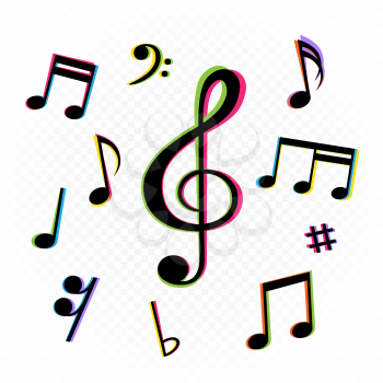 Music notes sign set in colored glitch effect on white transparent background
