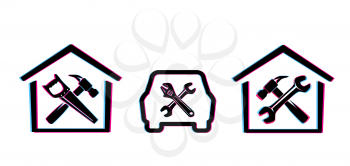 Glitch home and car repair icons set on dark background. House and automobile service symbol on black backdrop