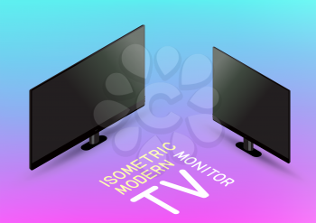 Isometric black monitor and modern tv with shadow on pink and blue color background