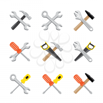 Flat design tool symbols set. Collection of different tools icon. Repair instruments wrench screwdriver saw hammer spanner