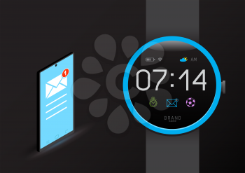 Smart watch and smart phone sync illustration. Smartwatch and smartphone email and other message synchronization on dark background