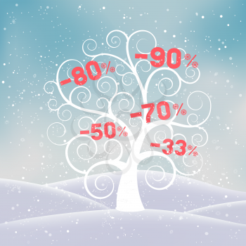 Christmas winter discounts white tree on blue sky backdrop. Winter hills falling snow and shopping offer. Holiday sale template