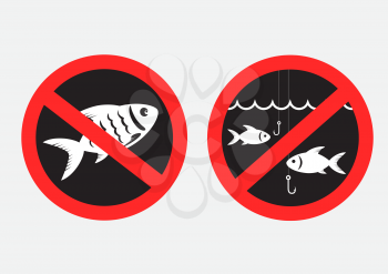 No fishing sign dark stickers on gray background. No fish symbol black template
