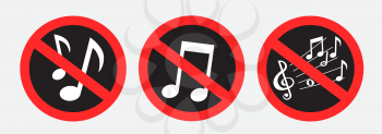 No music sound sign symbol sticker on gray background. Forbidden song sing be quiet. Round red label and line cross the white musical notes
