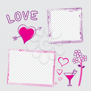 Romantic love photo frame template set with wooden texture and simple illustrtion on gray background. Photography decoration shape template. Picture art vector ornament