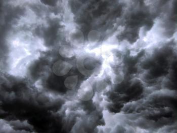 Thunderstorm dark blurred sky background. Storm cloudy bakdrop. Natural heaven texture. Rainy cloudscape atmosphere