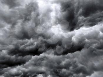 Thunderstorm dark clouds blurred sky background. Storm cloudy bakdrop. Natural heaven texture. Rainy cloudscape atmosphere