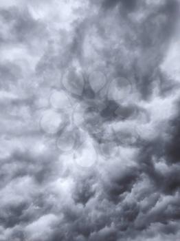 Thunderstorm gray clouds sky background. Storm cloudy bakdrop. Natural heaven texture. Rainy cloudscape atmosphere