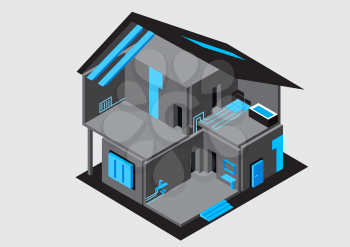 Home repair isometric vector isolated on gray background. House maintenance wall interior decoration window door roof