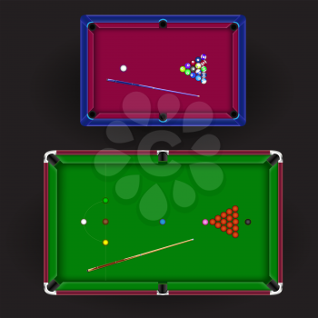 Billiard tables American Snooker on dark background. Pool game template. Billiards gamble competition