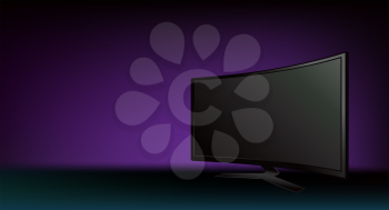 Flat curved TV on dark color background. Wide screen television technology