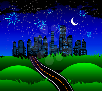 Night Road to the Town of Nature. Vector Illustration. EPS10